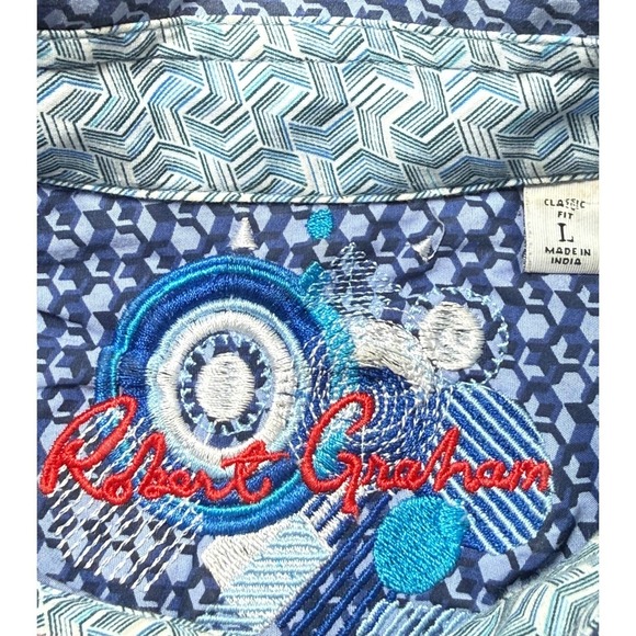 Robert Graham Mens L Classic Fit Shirt Blue Geometric Button Down Long Sleeve - Picture 4 of 10